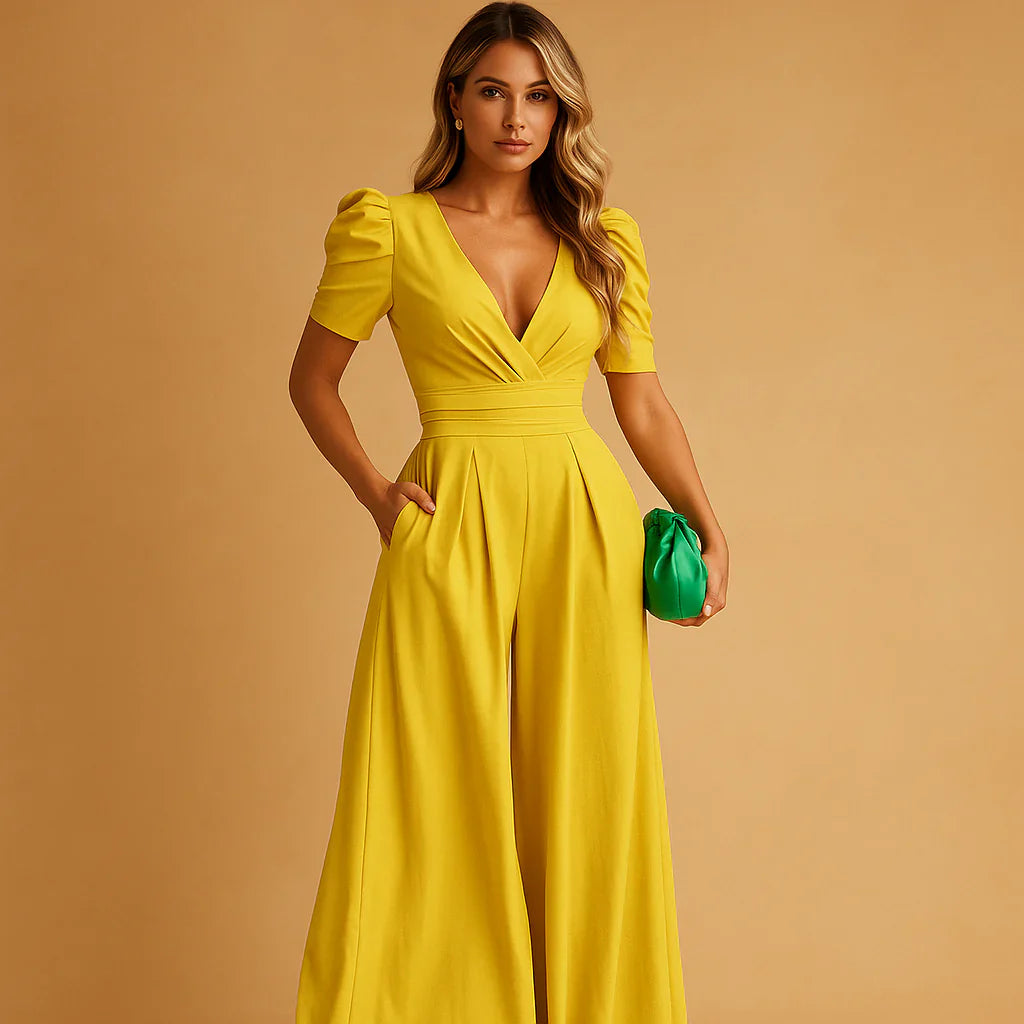 Image of Jennifer | Women's V-Neck Puff Sleeve Wide Leg Jumpsuit