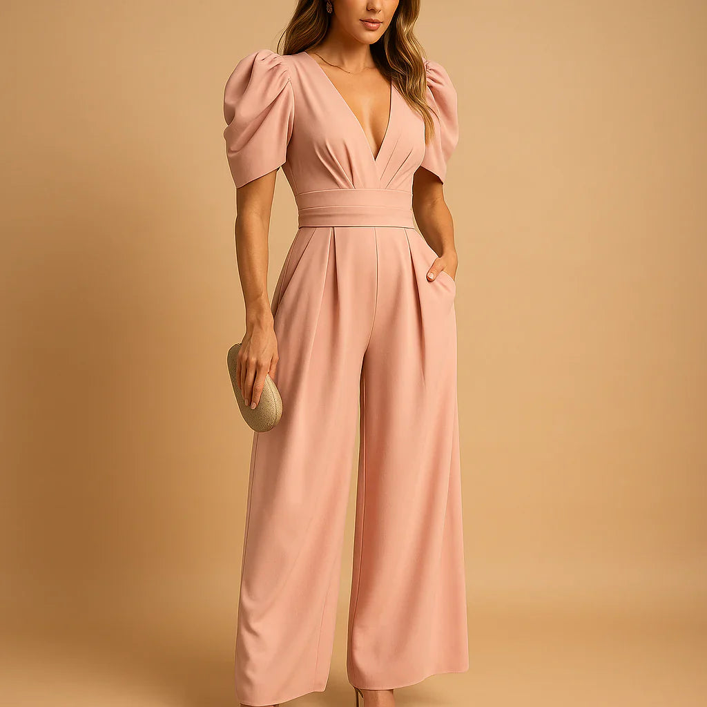 Image of Jennifer | Women's V-Neck Puff Sleeve Wide Leg Jumpsuit
