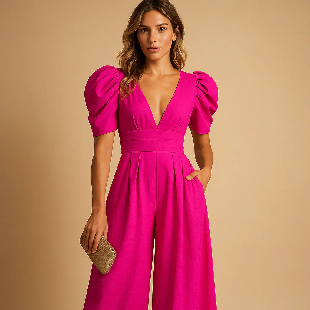 Image of Jennifer | Women's V-Neck Puff Sleeve Wide Leg Jumpsuit
