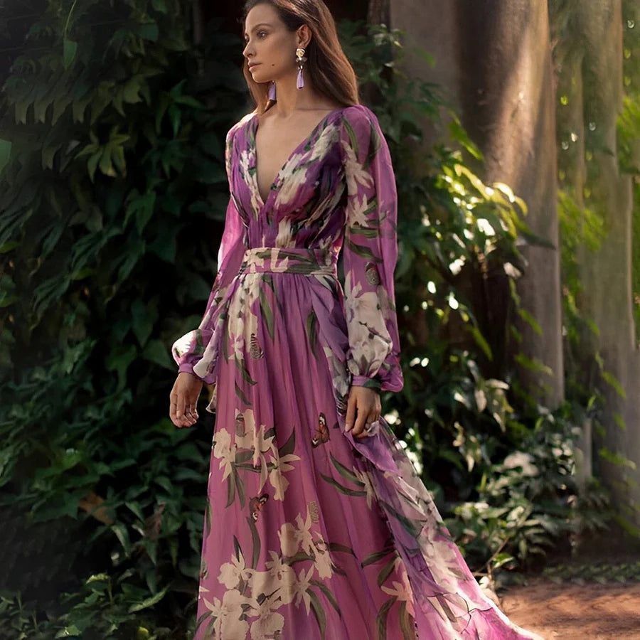 Image of Karen | Women's V-Neck Floral Maxi Dress