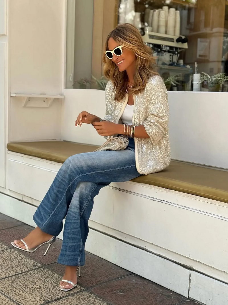 Image of Keira | Women's Sequin Zip-Up Bomber Jacket