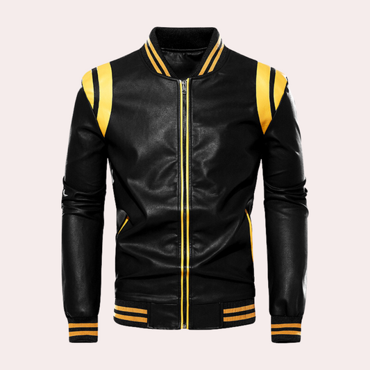 Leather Zipped Bomber Jacket with Sports Stripes