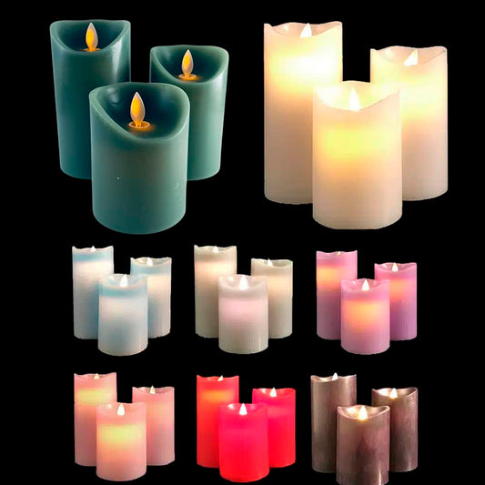 LED Block Candles - 3 pcs. - 12/15/17 cm - with 3D Flame - (Multiple Colors)