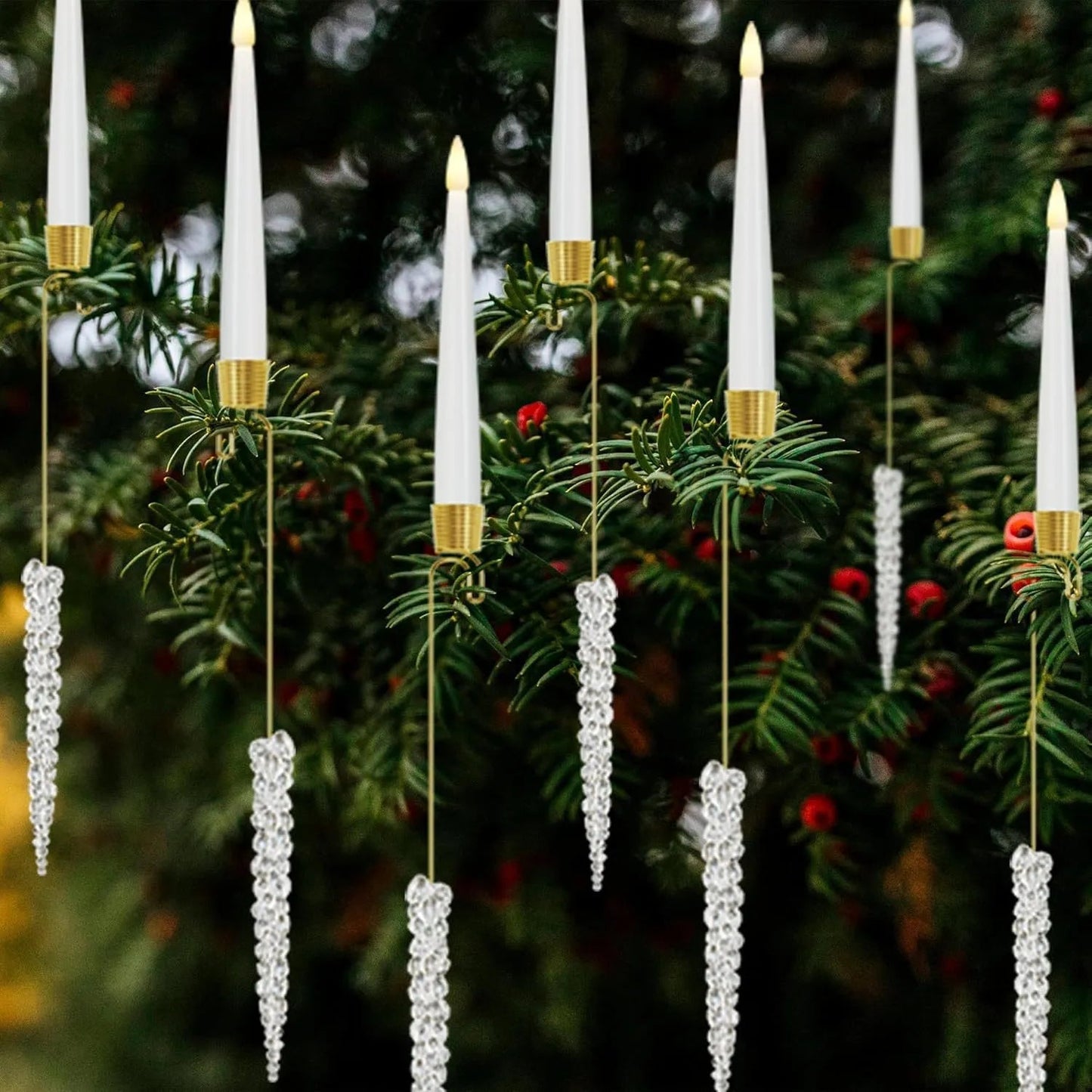 LED Christmas Tree Candle Set – Warm White Clip-On Candle Lights with Hanging Crystal Ornaments