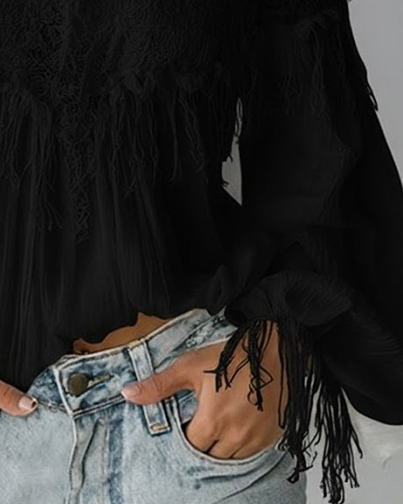 Image of Libby | Women's Off-the-Shoulder Long Sleeve Fringe Blouse