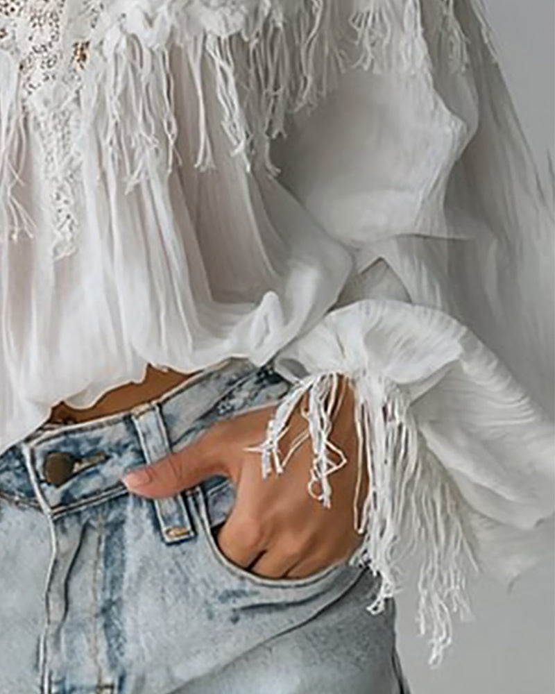 Image of Libby | Women's Off-the-Shoulder Long Sleeve Fringe Blouse