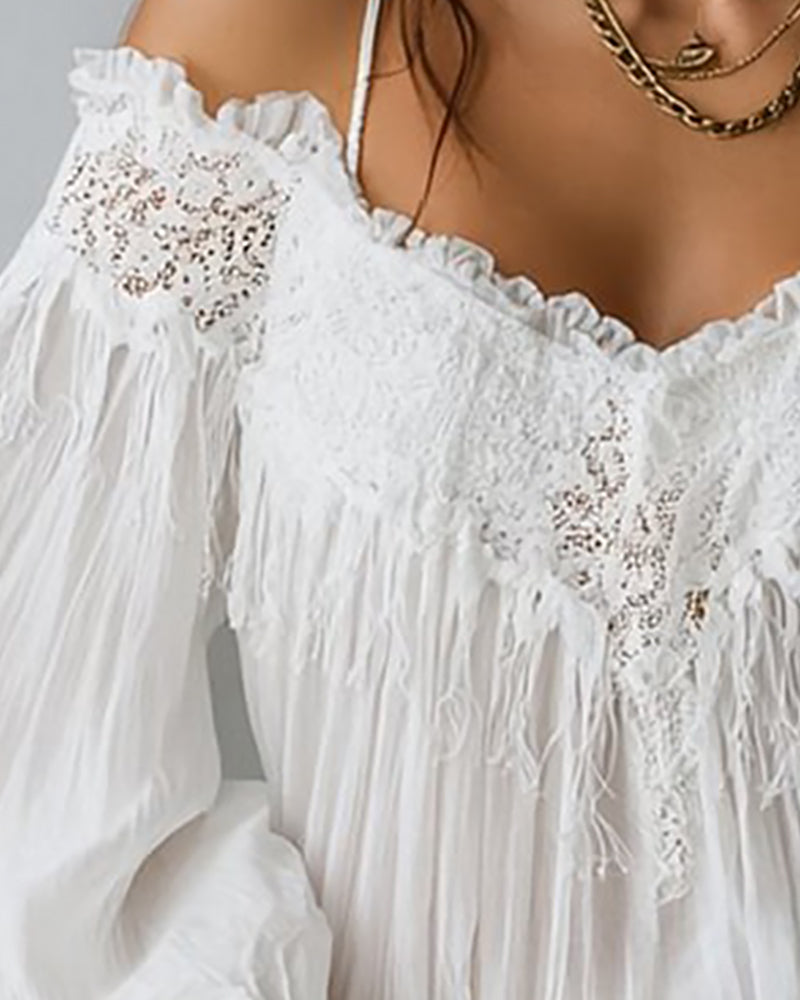 Image of Libby | Women's Off-the-Shoulder Long Sleeve Fringe Blouse