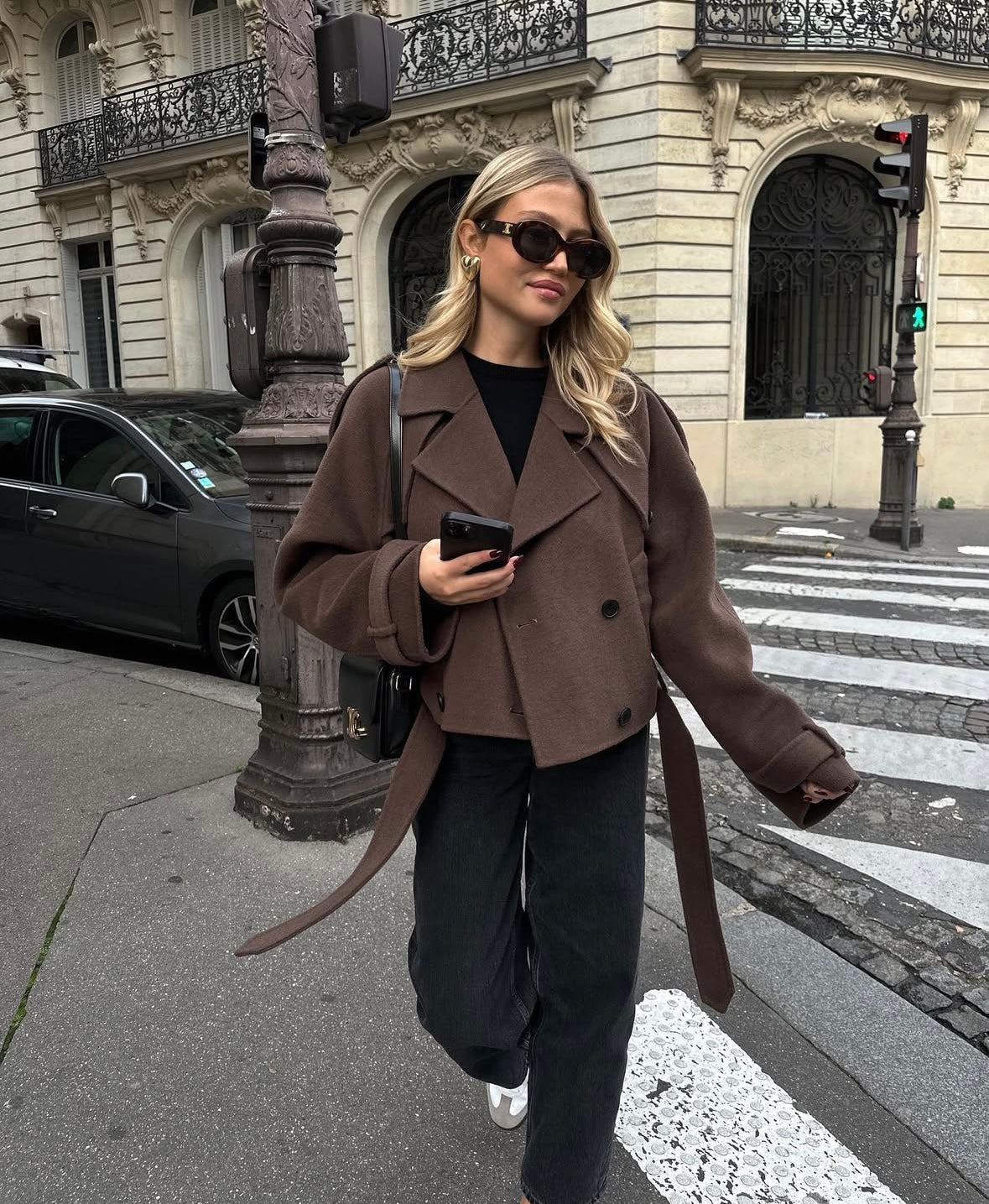 Cropped Belted Coat | Elegant Double-Breasted Women's Coat