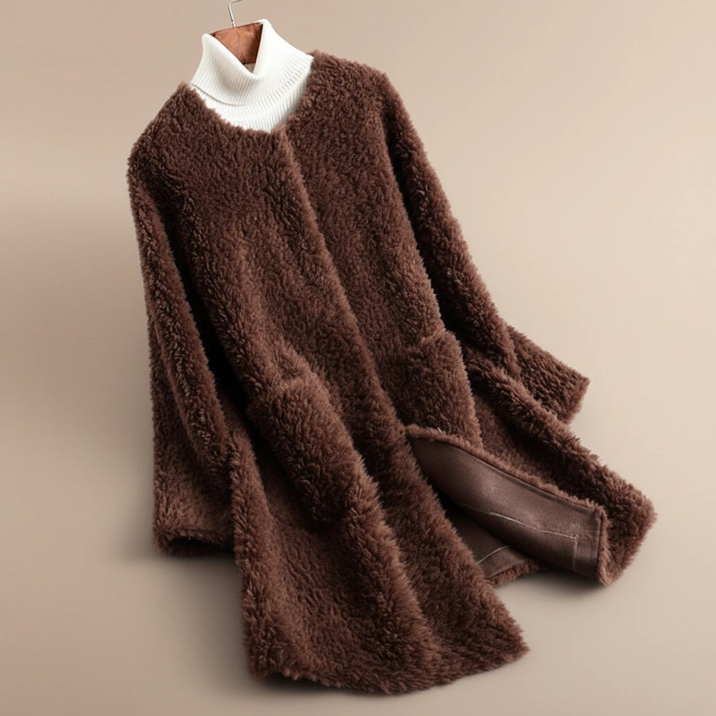 Long Collarless Teddy Coat for Women