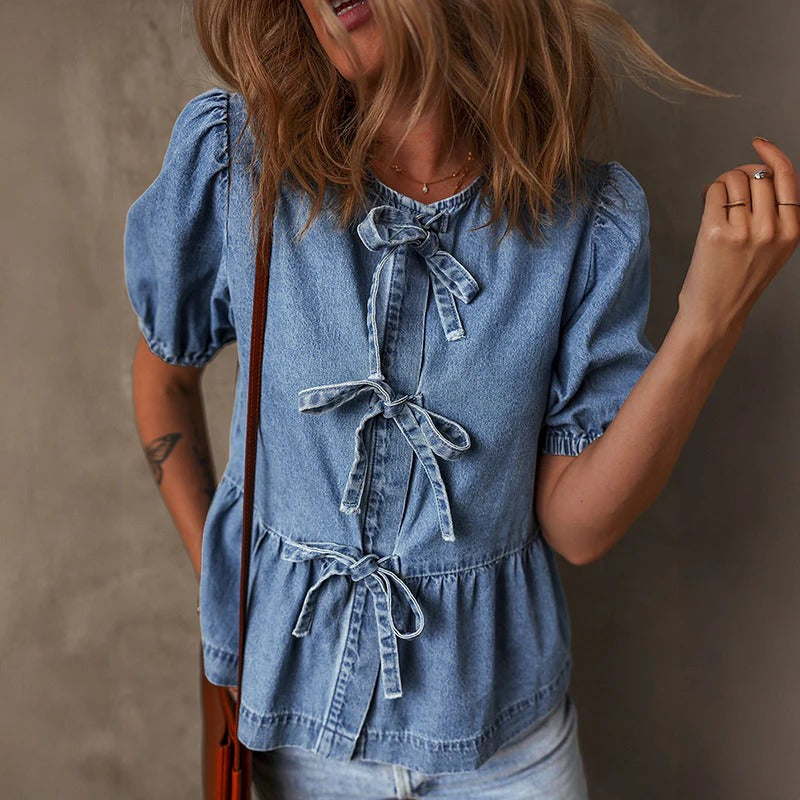 Image of Lucille | Women's Tie Front Denim Blouse
