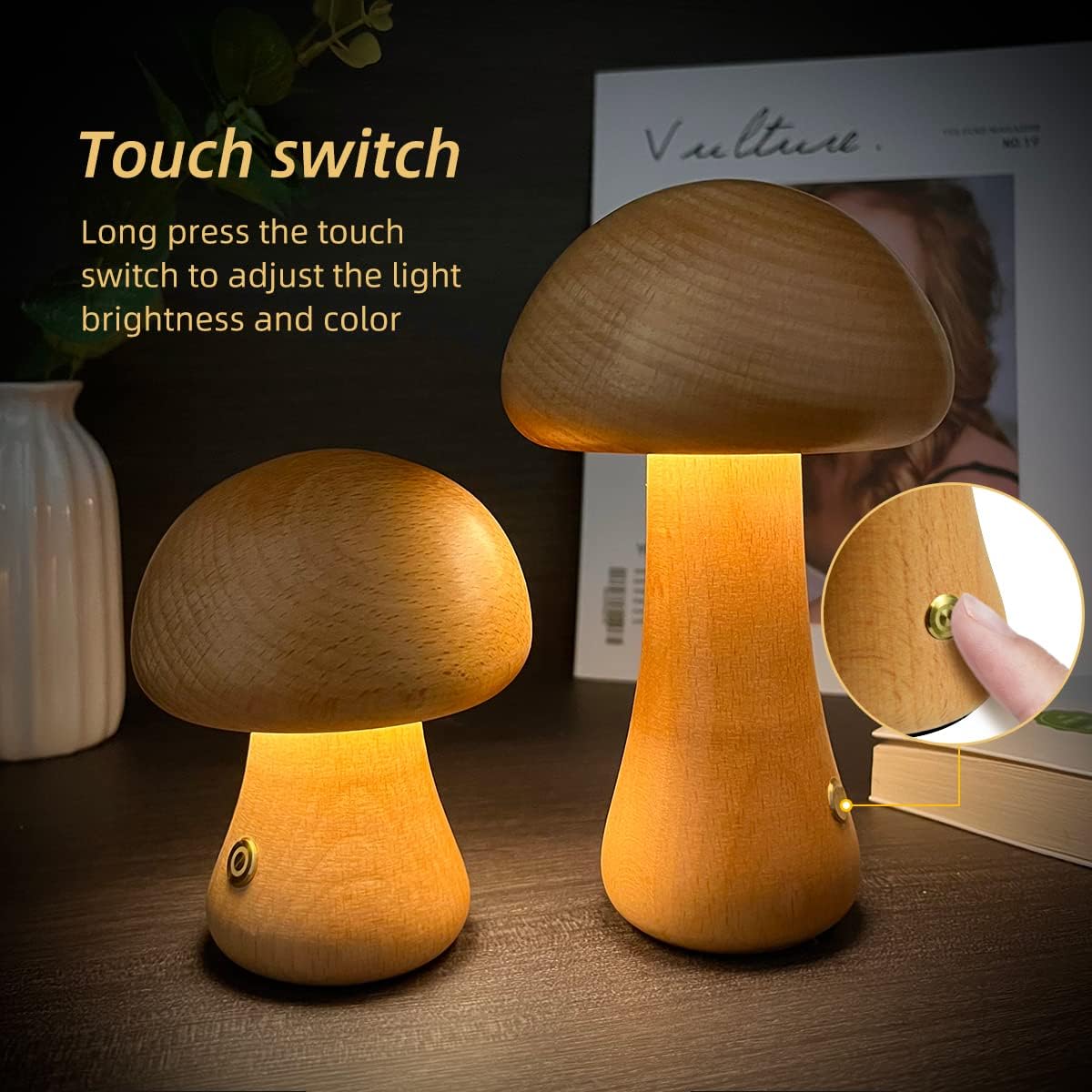 LUMONIGHT | Wooden Mushroom LED Night Light with Touch Switch | Atmospheric Lighting | Child-Friendly