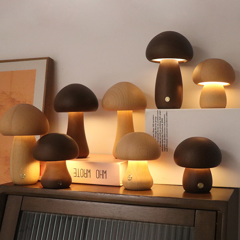 LUMONIGHT | Wooden Mushroom LED Night Light with Touch Switch | Atmospheric Lighting | Child-Friendly