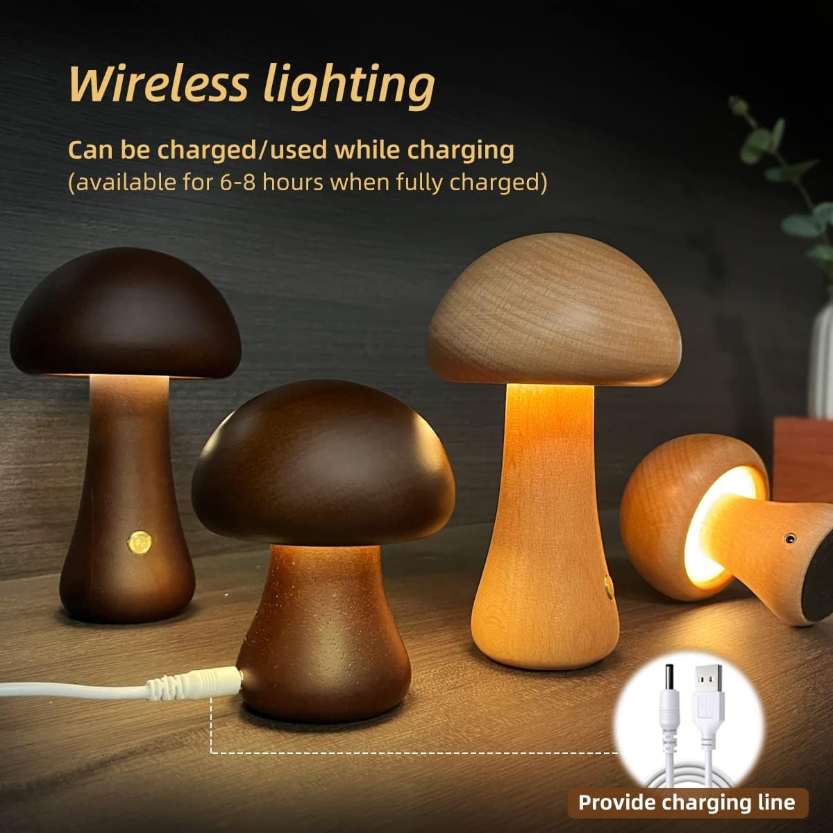 LUMONIGHT | Wooden Mushroom LED Night Light with Touch Switch | Atmospheric Lighting | Child-Friendly