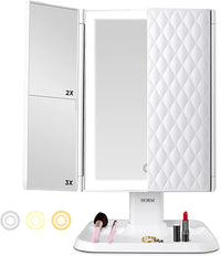 Makeup Mirror with LED Lighting – Adjustable Magnification and Stylish Storage Base