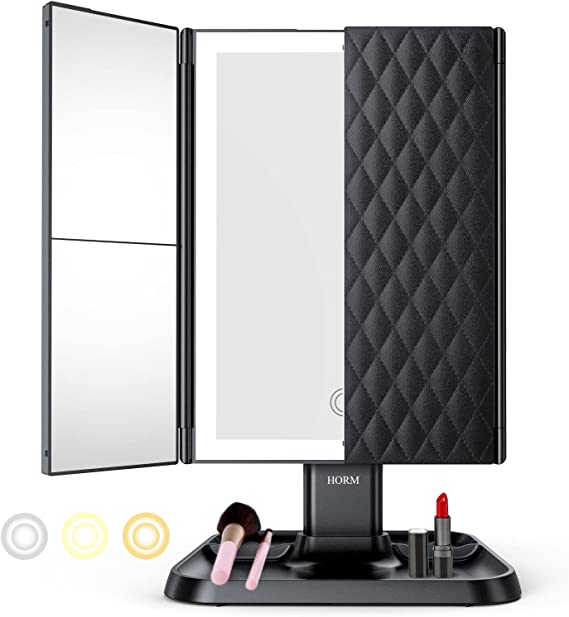 Makeup Mirror with LED Lighting – Adjustable Magnification and Stylish Storage Base