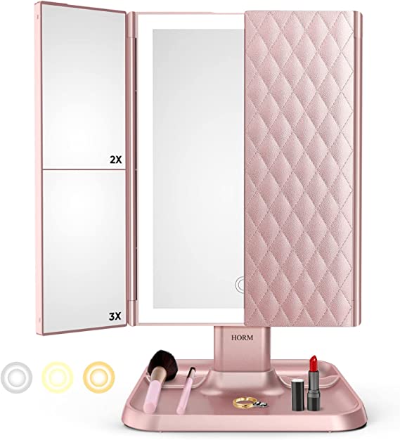 Makeup Mirror with LED Lighting – Adjustable Magnification and Stylish Storage Base