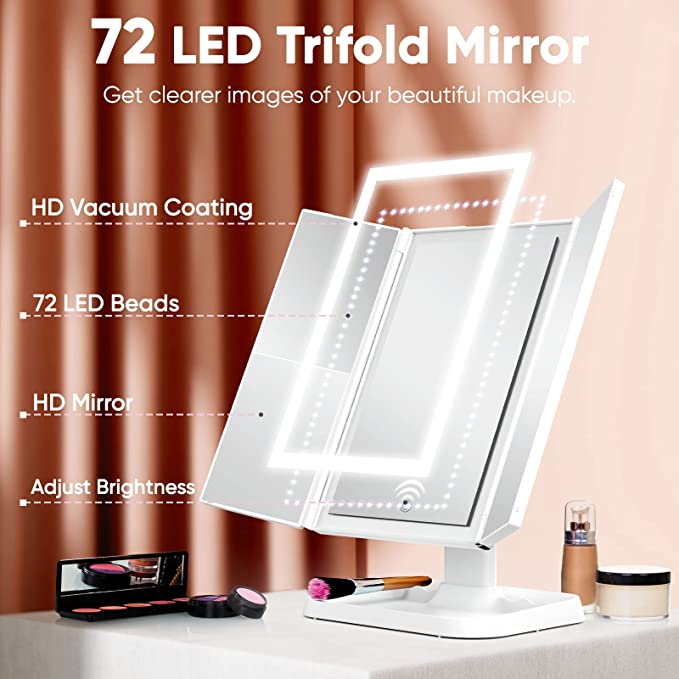 Makeup Mirror with LED Lighting – Adjustable Magnification and Stylish Storage Base