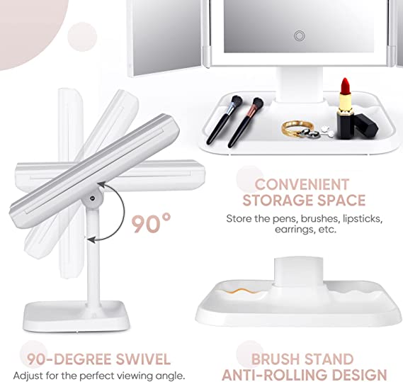 Makeup Mirror with LED Lighting – Adjustable Magnification and Stylish Storage Base