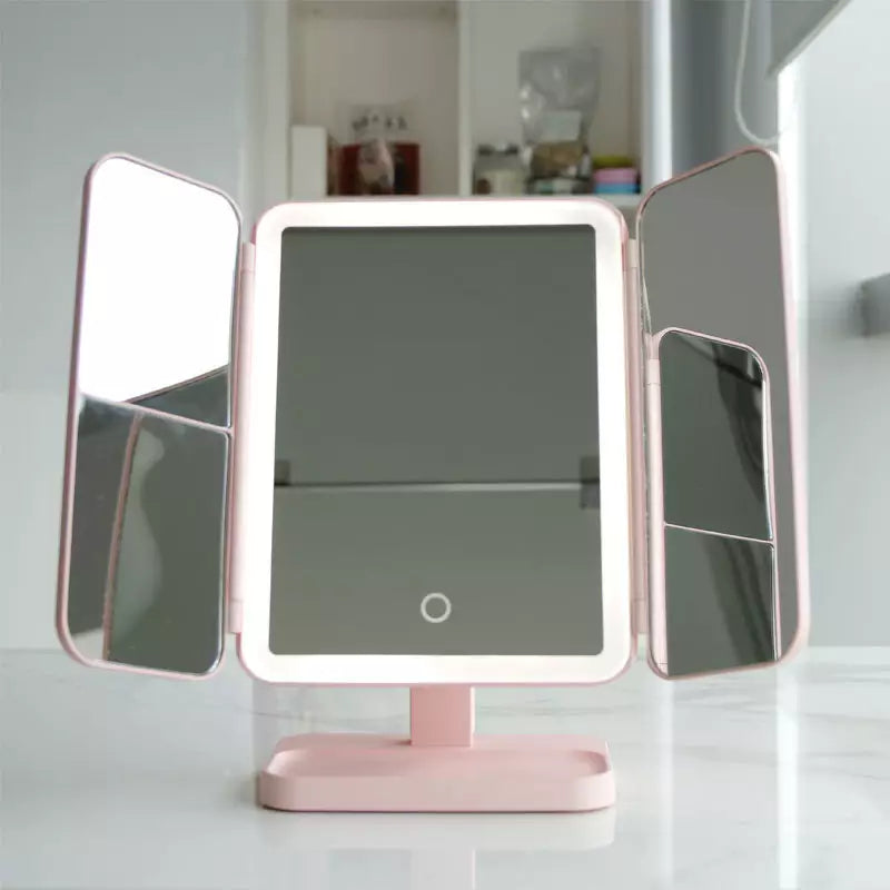 Makeup Mirror with LED Lighting – Adjustable Magnification and Stylish Storage Base