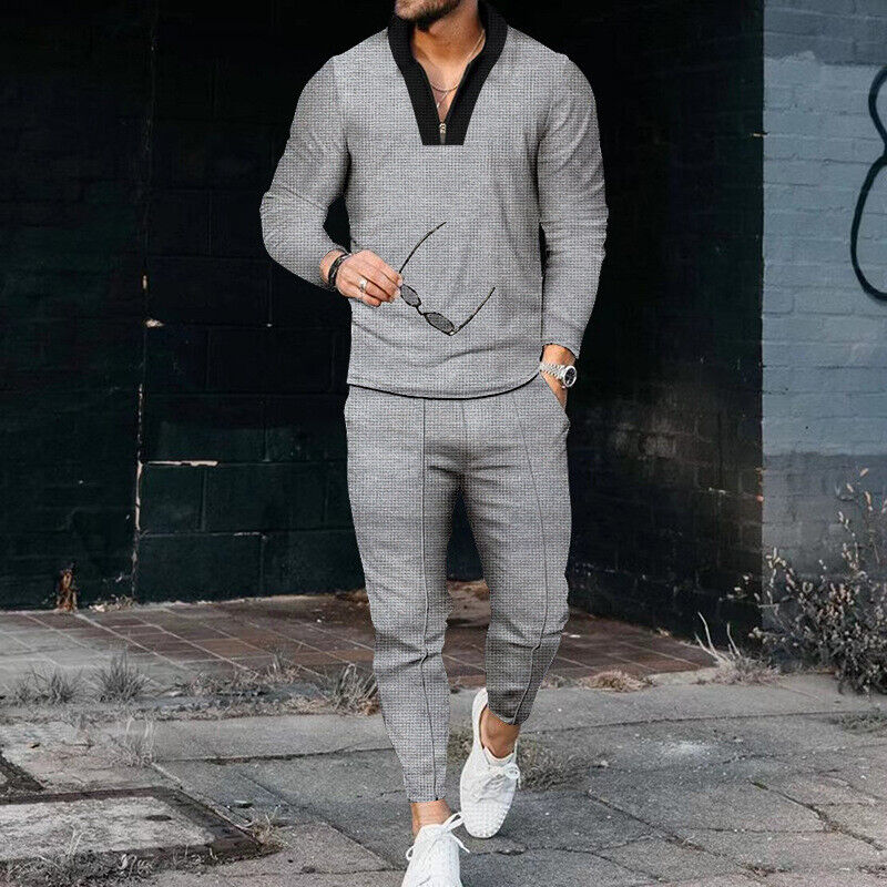 Men's Casual Two-Piece Outfit with Zip Top & Trousers