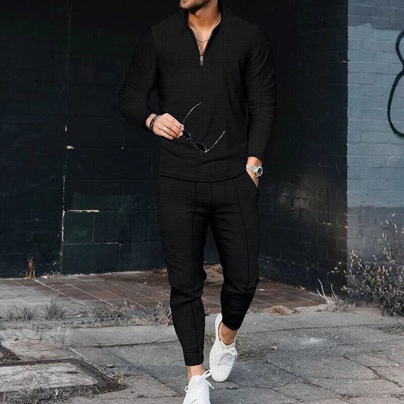 Men's Casual Two-Piece Outfit with Zip Top & Trousers