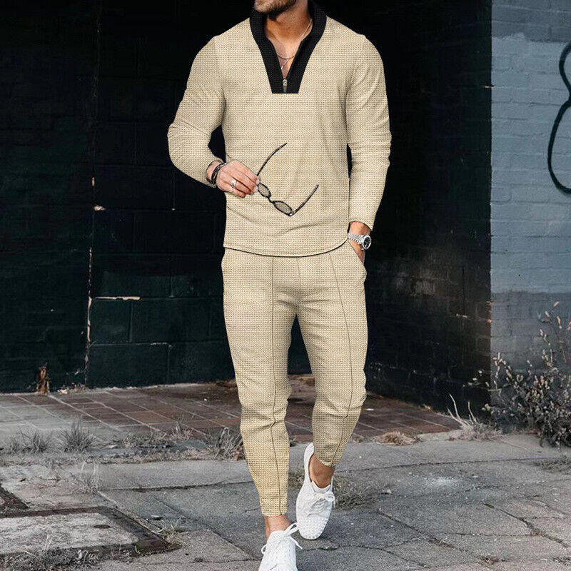 Men's Casual Two-Piece Outfit with Zip Top & Trousers