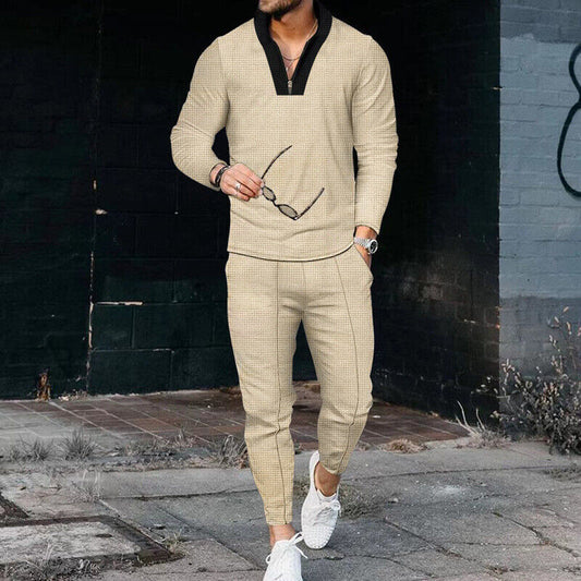 Men's Casual Two-Piece Outfit with Zip Top & Trousers