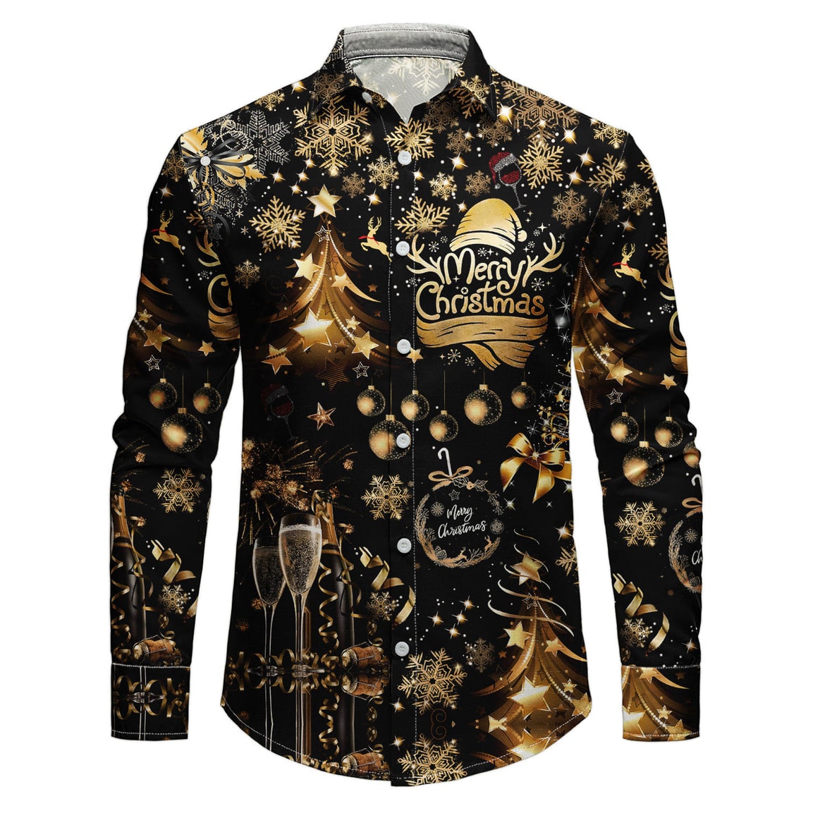 Men's Christmas Shirt with White Button-Up Front, Spread Collar and Holiday Print