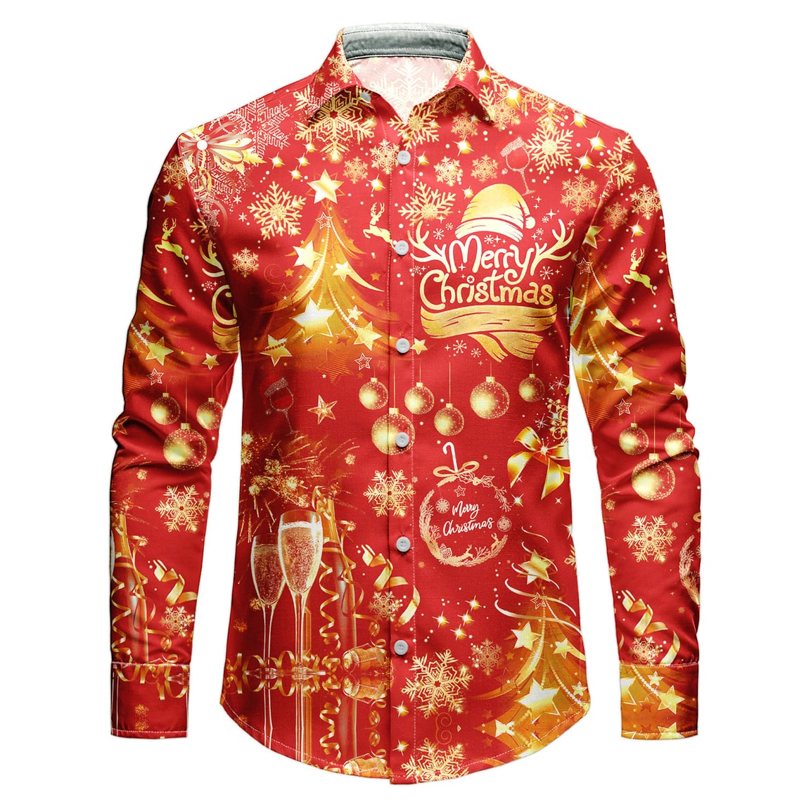 Men's Christmas Shirt with White Button-Up Front, Spread Collar and Holiday Print