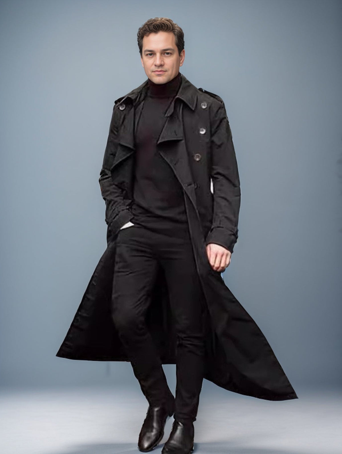 Men's Double-Breasted Trench Coat with Belted Waist