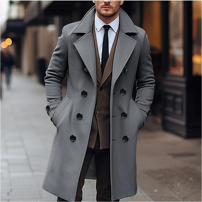 Men's Elegant Double-Breasted Wool Coat with Wide Lapels and Tailored Business Cut