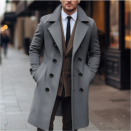 Men's Elegant Double-Breasted Wool Coat with Wide Lapels and Tailored Business Cut