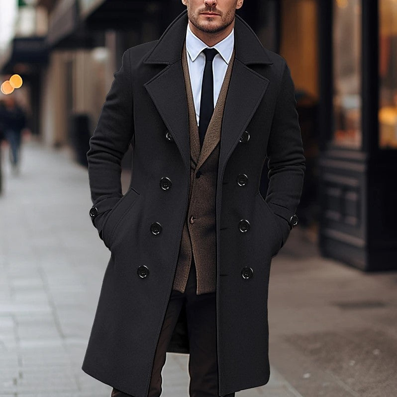 Men's Elegant Double-Breasted Wool Coat with Wide Lapels and Tailored Business Cut
