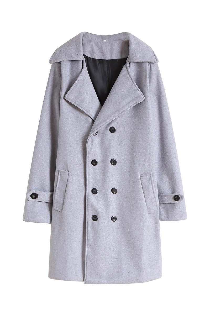 Men's Elegant Double-Breasted Wool Coat with Wide Lapels and Tailored Business Cut