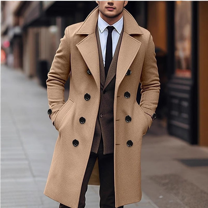 Men's Elegant Double-Breasted Wool Coat with Wide Lapels and Tailored Business Cut