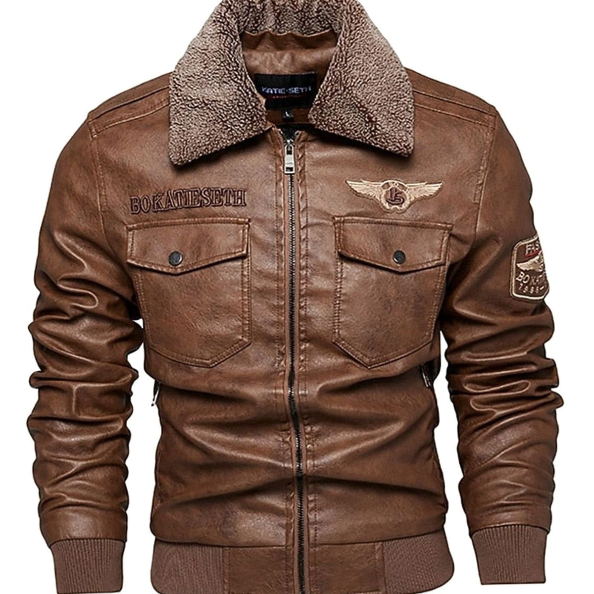 Men's Faux Leather Aviator Bomber Jacket with Sherpa Collar