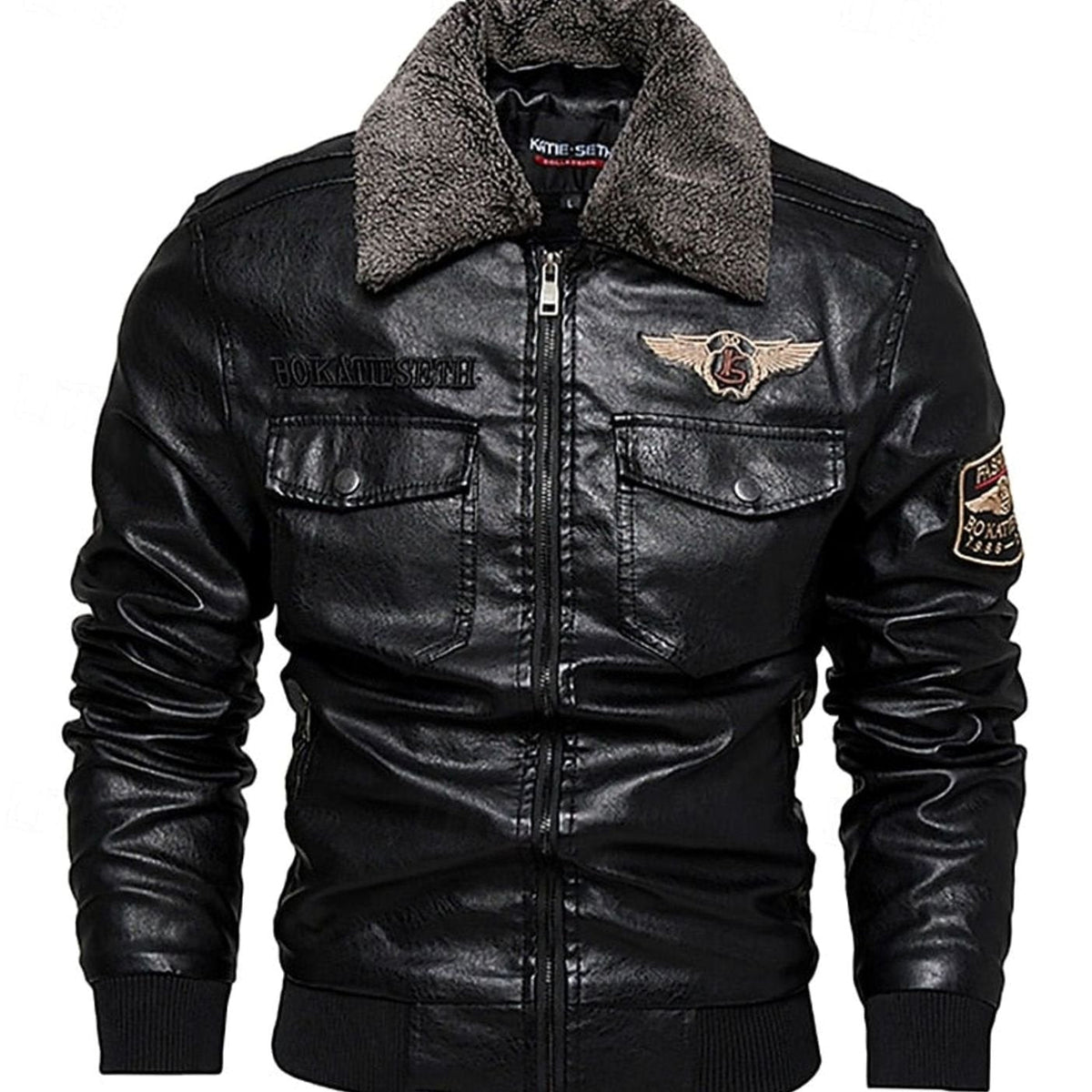 Men's Faux Leather Aviator Bomber Jacket with Sherpa Collar