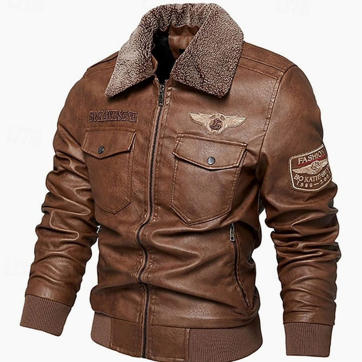 Men's Faux Leather Aviator Bomber Jacket with Sherpa Collar