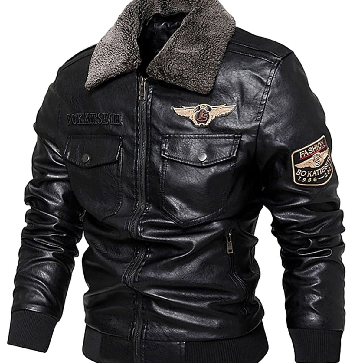 Men's Faux Leather Aviator Bomber Jacket with Sherpa Collar