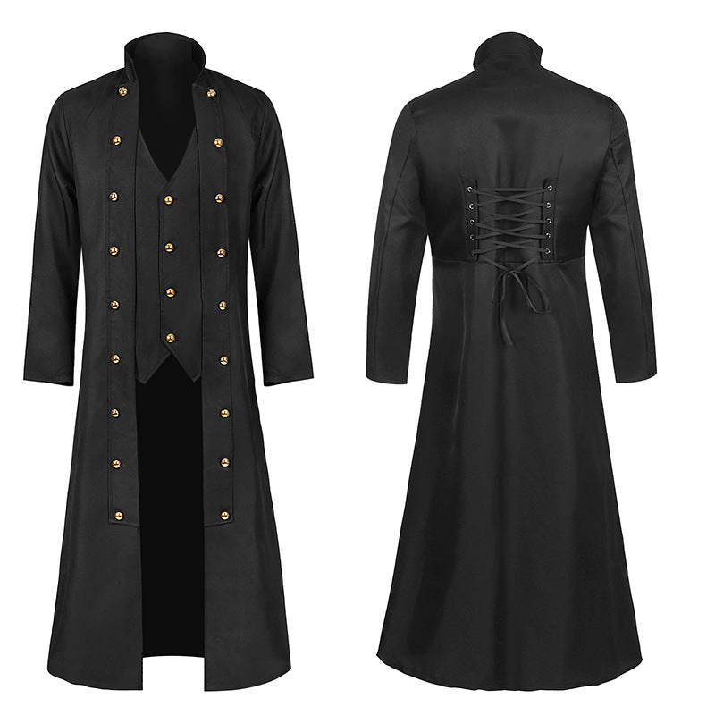 Men's Fitted Frock Coat with Integrated Vest, Adjustable Back Waist Lacing, and Double-Row Decorative Buttons