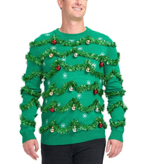 Men's Green Christmas Tree Sweater with Tinsel Garland and Shiny Baubles for Holiday Parties