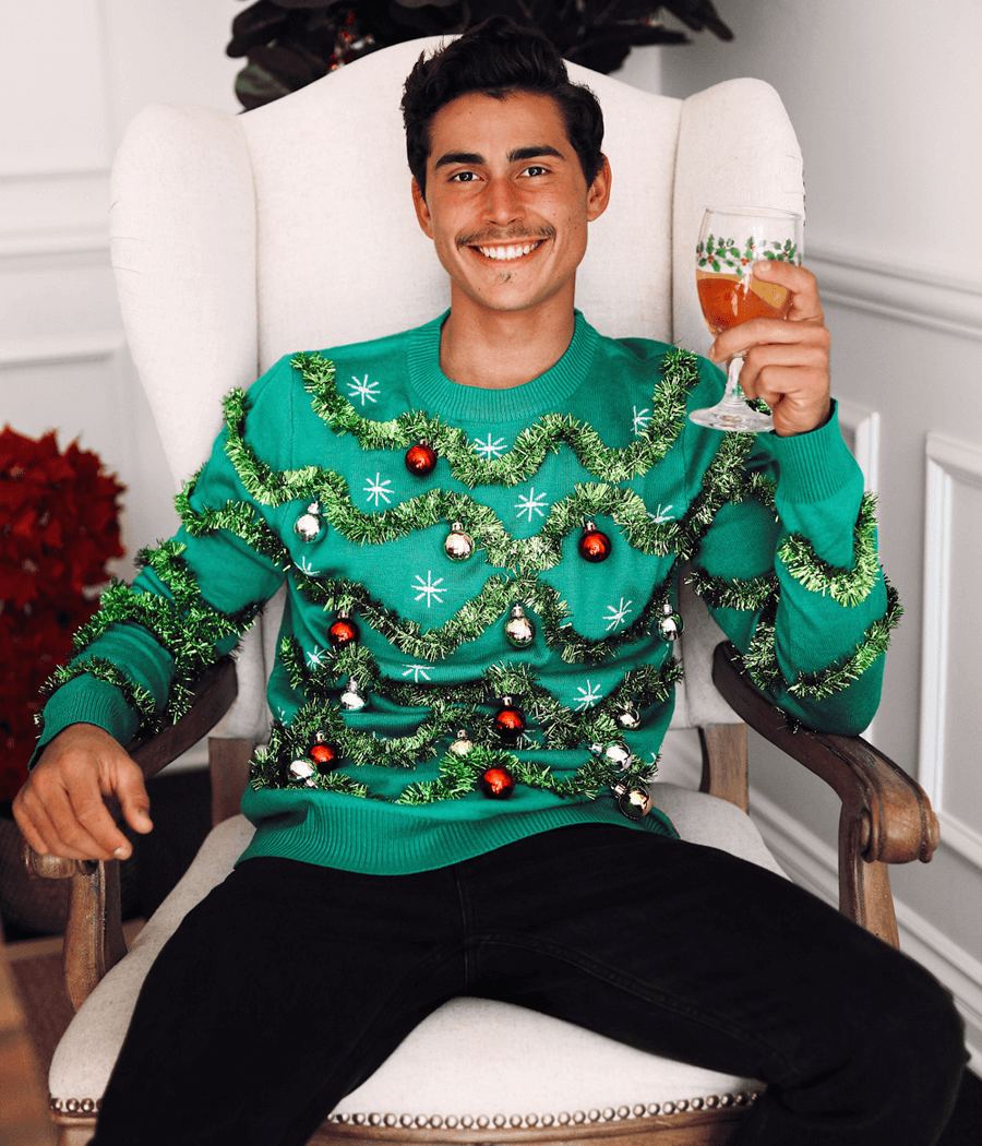 Men's Green Christmas Tree Sweater with Tinsel Garland and Shiny Baubles for Holiday Parties