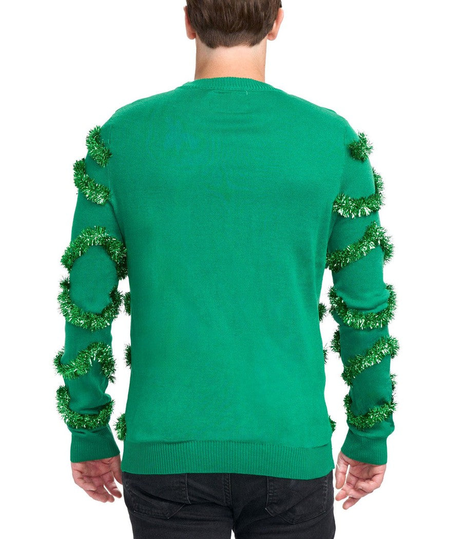 Men's Green Christmas Tree Sweater with Tinsel Garland and Shiny Baubles for Holiday Parties