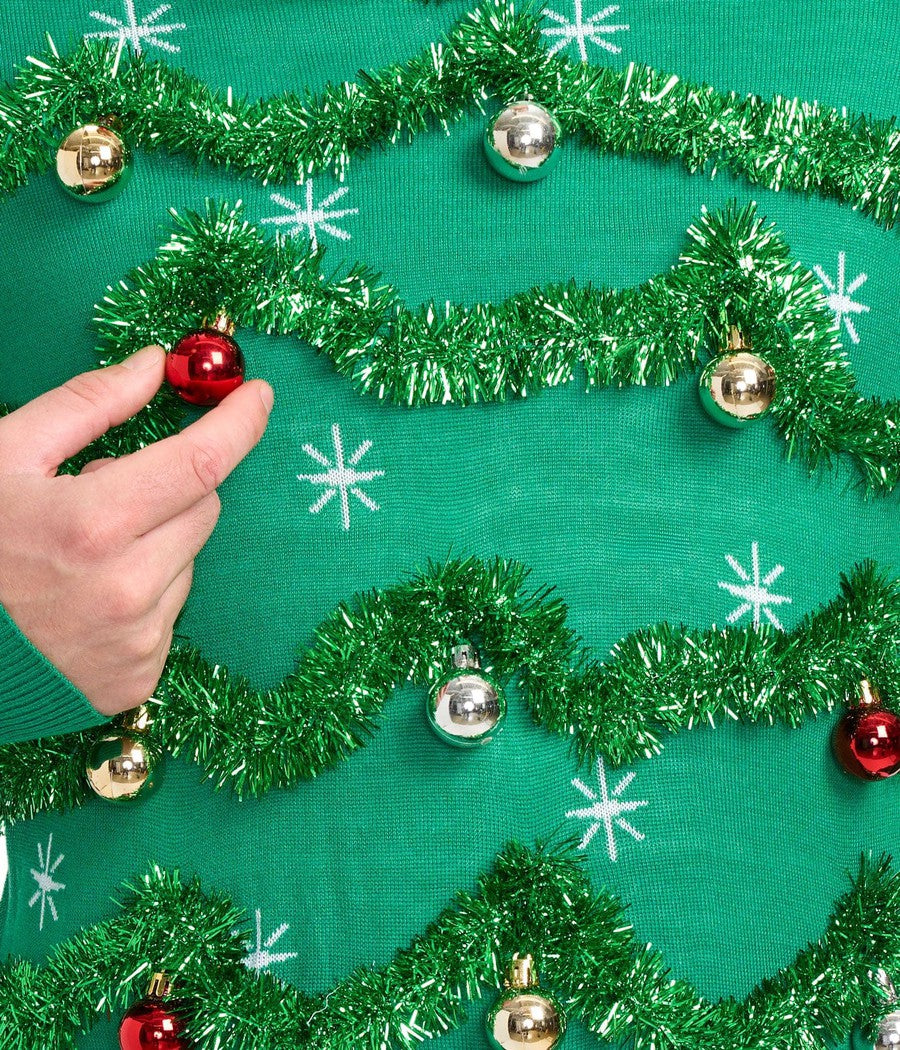 Men's Green Christmas Tree Sweater with Tinsel Garland and Shiny Baubles for Holiday Parties