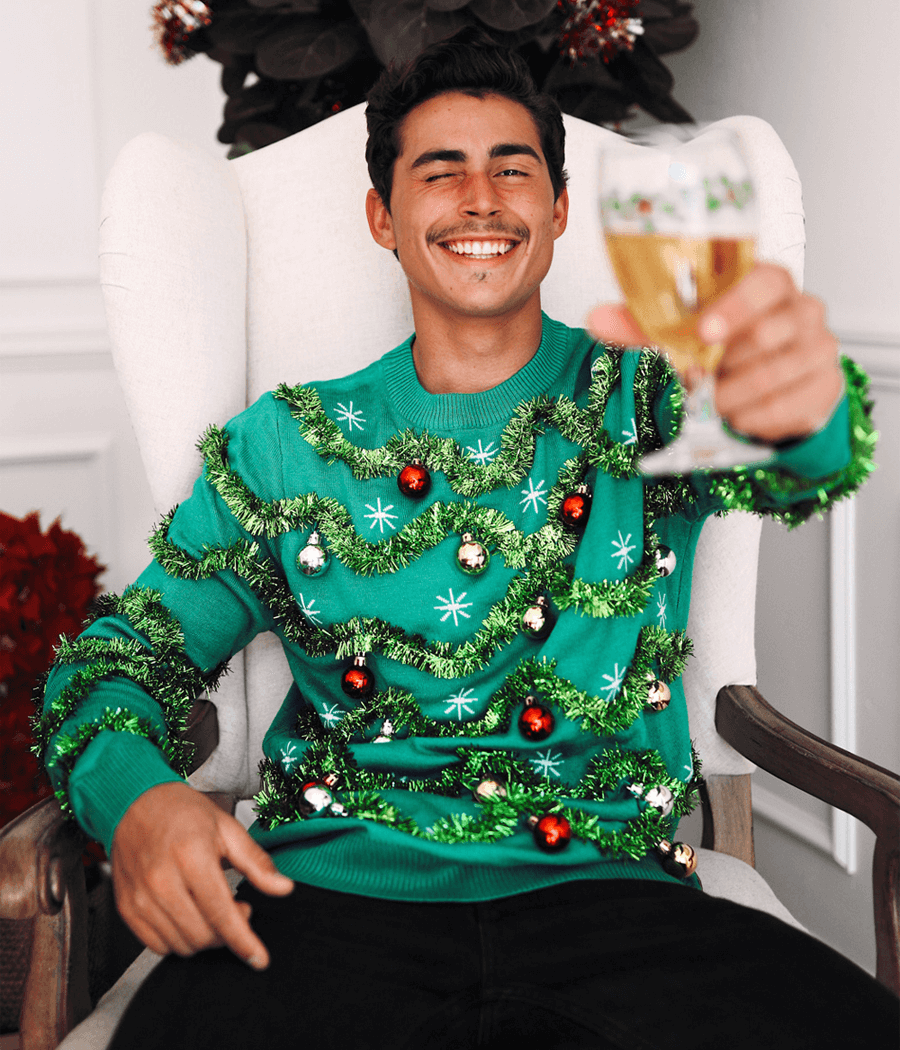 Men's Green Christmas Tree Sweater with Tinsel Garland and Shiny Baubles for Holiday Parties