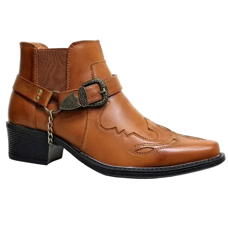 Men's High-Top Faux Leather Cowboy Boots with Chain