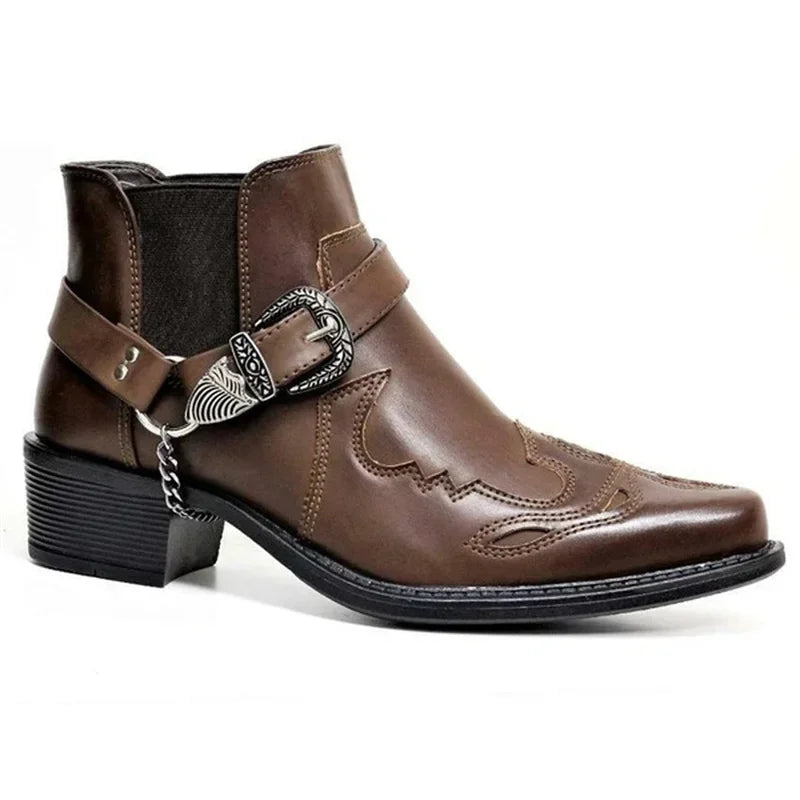 Men's High-Top Faux Leather Cowboy Boots with Chain
