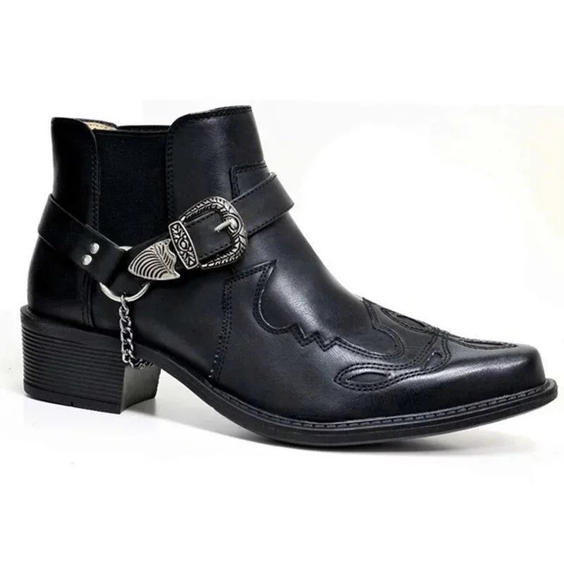 Men's High-Top Faux Leather Cowboy Boots with Chain