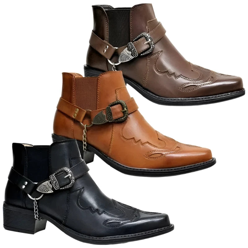 Men's High-Top Faux Leather Cowboy Boots with Chain