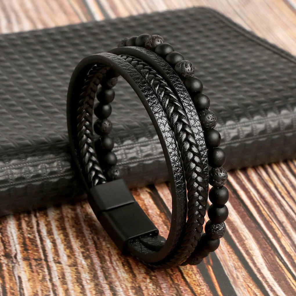 Men's Layered Leather and Stone Bead Bracelet